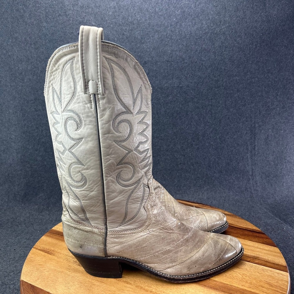 Vtg Dan Post Mens 9.5D Tan Gray Patchwork Eel Skin Leather Cowboy Western Boots